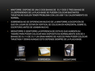 • MINITORRE: DISPONE DE UNA O DOS BAHIAS DE 5¼ Y DOS O TRES BAHIAS DE
3½.DEPENDIENDO DE LA PLACA BASE SE PUEDEN COLOCAR BASTANTES
TARJETAS.NO SUELEN TENER PROBLEMA CON LOS USB Y SU CALENTAMIENTO ES
NORMAL.
• SOBREMESA:NO SE DIFERENCIAN MUCHO DE LA MINITORRE,A EXCEPCIÓN DE
QUE EN LUGAR DE ESTAR EN VERTICAL SE COLOCAN EN HORIZONTAL SOBRE EL
ESCRITORIO.ANTES SE USABAN MUCHO.
• MEDIATORRE O SEMITORRE:LA DIFERENCIA DE ESTA ES QUE AUMENTA SU
TAMAÑO PARA PODER COLOCAR MAS DISPOSITIVOS.NORMALMENTE SON DE 4
BAHIAS DE 5¼ Y 4 DE 3½ Y UN GRAN NIMERO DE HUECOS PARA PODER COLOCAR
TARJETASA Y DEMAS AUNQUE ESTO DEPENDE SIEMPRE DE LA PLACA BASE.
MINITORRE SOBREMESA MEDIATORRE
 