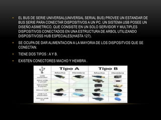 • EL BUS DE SERIE UNIVERSAL(UNIVERSAL SERIAL BUS) PROVEE UN ESTANDAR DE
BUS SERIE PARA CONECTAR DISPOSITIVOS A UN PC. UN SISTEMA USB POSEE UN
DISEÑO ASIMETRICO, QUE CONSISTE EN UN SOLO SERVIDOR Y MULTIPLES
DISPOSITIVOS CONECTADOS EN UNA ESTRUCTURA DE ARBOL UTILIZANDO
DISPOSITIVOSS HUB ESPECIALES(HASTA 127).
• SE OCUPA DE DAR ALIMENTACION A LA MAYORIA DE LOS DISPOSITVOS QUE SE
CONECTAN.
• TIENE DOS TIPOS : A Y B.
• EXISTEN CONECTORES MACHO Y HEMBRA .
 
