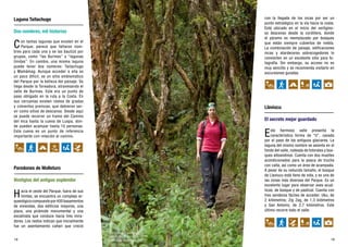 18 19
Laguna Taitachugo
Dos nombres, mil historias
Con tantas lagunas que existen en el
Parque, parece que faltaron nom-
bres para cada una y se las bautizó por
grupos, como “las Burines” o “lagunas
Unidas”. En cambio, una misma laguna
puede tener dos nombres: Taitachugo
y Mamámag. Aunque acceder a ella es
un poco difícil, es un sitio emblemático
del Parque por la belleza del paisaje. Se
llega desde la Toreadora, atravesando el
valle de Burines. Este era un punto de
paso obligado en la ruta a la Costa. En
sus cercanías existen restos de gradas
y cimientos preincas, que debieron ser-
vir como sitios de descanso. Desde aquí
se puede recorrer un tramo del Camino
del Inca hasta la cueva de Luspa, don-
de pueden acampar hasta 10 personas.
Esta cueva es un punto de referencia
importante con relación al camino.
Paredones de Molleturo
Vestigios del antiguo esplendor
Hacia el oeste del Parque, fuera de sus
límites, se encuentra un complejo ar-
queológico compuesto por 400 basamentos
de viviendas, dos edificios mayores, una
plaza, una pirámide monumental y una
escalinata que conduce hacia tres mira-
dores. Los restos indican que inicialmente
fue un asentamiento cañari que creció
Las quinuas o queñuales
crecen en los rincones y
quebradas altoandinos.
con la llegada de los incas por ser un
punto estratégico en la vía hacia la costa.
Está ubicado en el inicio del vertigino-
so descenso desde la cordillera, donde
el páramo es reemplazado por bosques
que están siempre cubiertos de niebla.
La combinación de paisaje, edificaciones
incas y atardeceres sobrecogedores lo
convierten en un excelente sitio para fo-
tografía. Sin embargo, su acceso no es
muy sencillo y se recomienda visitarlo en
excursiones guiadas.
Llaviucu
El secreto mejor guardado
Este hermoso valle presenta la
característica forma de “U”, cavada
por el paso de los antiguos glaciares. La
laguna del mismo nombre se asienta en el
fondo del valle, rodeada de totorales y bos-
ques altoandinos. Cuenta con dos muelles
acondicionados para la pesca de trucha
con caña, así como un área de acampada.
A pesar de su reducido tamaño, el bosque
de Llaviucu está lleno de vida, y es una de
las zonas más diversas del Parque. Es un
excelente lugar para observar aves acuá-
ticas, de bosque y de pastizal. Cuenta con
tres senderos fáciles de acceder: Uku, de
2 kilómetros; Zig Zag, de 1,3 kilómetros
y San Antonio, de 2,7 kilómetros. Este
último recorre todo el valle.
 