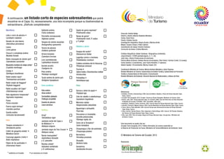 Dirección: Andrés Vallejo
Edición y diseño editorial: Nadesha Montalvo
Textos: David Parra
Diseño: Esteban Garcés
Investigación fotográfica: Alegría Acosta y Martina Avilés
Mapas: Susana Crespo y Pablo Cabrera
Coordinación de mapas: Ximena Cordovez
Corrección de textos: Cristina Mancero
Créditos fotográficos: Rafael Cárdenas / Biographica (contenido);
Jorge Anhalzer / ETAPA (portada:laguna, 4, 11, 20);
José Cobo / Afuera Producciones (6:columnas);
Patricio Mena (6:flores); Esteban Barrera (6:escalador); Pete Oxford / Archivo Criollo (12:conejo);
Carlos Galindo (12:paredones); Juan Carlos Astudillo (17:páramo);
Valentí Zapater (18:caminante); Murray Cooper (23)
Coordinación Ministerio de Turismo: Mónica Burbano Montalvo y Liliam Figueroa
Revisión Ministerio de Turismo: Subsecretaría de Gestión Turística, Subsecretaría de Promoción
Turística y Subsecretaría de Información y Comunicación
Revisión Ministerio del Ambiente: Dirección Nacional de Biodiversidad y Jefatura del Área
Referencias
• Arbeláez, Ernesto y Amanda Vega, 2008. Guía de Anfibios, Reptiles y Peces del Parque Nacional Cajas.
Etapa, Cuenca
• Ecuador Terra Incognita, 2010. Ecuador: Turismo en Áreas Protegidas. Ministerio de Turismo, Quito
• Rivera, Jade, 2007. Parque Nacional Cajas. En: ECOLAP y MAE. Guía del Patrimonio de Áreas Naturales
Protegidas del Ecuador. ECOFUND / FAN / DarwinNet / IGM, Quito
• Rodríguez, Santiago y Xavier Contreras, 2005. Guía de Rutas del Parque Nacional Cajas. Etapa, Cuenca
• Sánchez, Francisco y Miguel Carbone, 2005. Guía de Mamíferos del Parque Nacional Cajas. Etapa, Cuenca
• Tinoco, Boris y Pedro Astudillo, 2005. Guía de Campo para Observación de Aves del Parque Nacional
Cajas. Etapa, Cuenca
• Ulloa, Carmen; Samara Álvarez, Peter Jørgensen y Danilo Minga, 2005. Guía de 100 Plantas Silvestres
del Páramo del Parque Nacional Cajas. Etapa, Cuenca
• Villa, José, 2003. Plan de manejo integral del Parque Nacional Cajas. Cemaprimes / Ministerio del
Ambiente, Cuenca
Este documento se puede citar así:
Ecuador Terra Incognita, 2012. Folleto informativo de turismo sostenible en
la Reserva de Producción de Fauna. Ministerio de Turismo/Ministerio del Ambiente, Quito
© Ministerio de Turismo del Ecuador, 2012
Realización:
s
inoquiereguarda
r este ejemplar, p
orfavorcompártal
o
Mamíferos
Lobo o zorro de páramo •
Lycalopex culpaeus
Venado de cola blanca
Odocoileus peruvianus
Llama
Lama glama
Chucuri o comadreja andina
Mustela frenata
Ratón marsupial de vientre gris*
Caenolestes caniventer
Musaraña montana de orejas cortas*
Cryptotis montivaga
Conejo •
Sylvilagus brasiliensis
Ratón andino rojizo*
Thomasomys auricularis
Ratón orejón de Haggard*
Phyllotis haggardi
Ratón acuático del Cajas*
Chibchanomys orcesi
Rata algodonera inesperada*
Sigmodon inopinatus
Puma
Puma concolor
Puerco espín kichwa*
Coendou quichua
Guanta andina
Cuniculus taczanowskii
Aves
Tangara xenodacnis •
Xenodacnis parina
Colibrí de garganta violeta* •
Metallura baroni
Cuscungo gigante o búho •
Bubo virginianus
Pájaro de los queñuales •
Oreomanes fraseri
Gallareta andina
Fulica ardesiaca
Pinchaflor enmascarado
Diglossa cyanea
Tangara de vientre escarlata
Anisognathus igniventris
Tororoi de páramo
Grallaria quitensis
Urraca turquesa
Cyanolyca turcosa
Loro cachetidorado
Leptosittaca branickii
Quinde arcoíris
Coeligena iris
Pava andina
Penelope montagnii
Tucán andino de pecho gris
Andigena hypoglauca
Aves acuáticas
Pato andino
Anas andium
Zambullidor plateado
Podiceps occipitalis
Gaviota de páramo
Larus serranus
Anfibios
Ucug*
Telmatobius niger
Jambato verde del Cajas o
de Molleturo* •
Atelopus exiguus
Jambato negro de Tres Cruces* •
Atelopus nanay
Ranas marsupiales*
Gastrotheca litonedis
y G. pseustes
Ranitas cohete*
Hyloxalus vertebralis
y H. anthracinus
Sapito de goma espinoso*
Pristimantis vidua
Ranas de goma*
Pristimantis riveti, P. ruidus
y P. philipi
Reptiles y peces
Huagsa del austro*
Stenocercus festae
Lagartija común o montana
Pholidobolus montium
Culebra corredora del río Yanuncay
Philodryas simonsii
Truchas •
Salmo trutta y Oncorhynchus mykiss
introducidas
Preñadillas •
Astroblepus spp.
Flora
Quinua o árbol de papel •
Polylepis spp.
Cola de caballo o caballochupa
Equisetum bogotense
Manzana cashpi
Hesperomeles obtusifolia
Aguarongo o achupalla
Puya spp.
Pincushion or lmohadilla
Azorella pedunculata,
Plantago rigida, etc.
Cárex de la Toreadora*
Carex toreadora
Chuquiragua o flor del andinista
Chuquiraga jussieui
Borrachera
Pernettya prostrata
Shuspilla
Berberis lutea
Sarashima
Gentianella hirculus
A continuación, un listado corto de especies sobresalientes que podrá
encontrar en el Cajas. Es, necesariamente, una lista incompleta porque su biodiversidad es
extraordinaria. ¡Disfrute completándola!
* endémico en Ecuador • se menciona en el texto
 