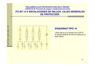 50
JoséMªPardo–AgustínLabarta–2007
ITC-BT 13 INSTALACIONES DE ENLACE. CAJAS GENERALES
DE PROTECCIÓN.
REGLAMENTO ELECTROTÉCNICO PARA BAJA TENSIÓN
CAPÍTULO III: Previsión de cargas e instalaciones de enlace
ESQUEMAS TIPO 14
Esta caja es una variante de la CGP10.
En esta la salida de la LGA se realiza por la
parte inferior.
 