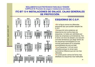 45
JoséMªPardo–AgustínLabarta–2007
ITC-BT 13 INSTALACIONES DE ENLACE. CAJAS GENERALES
DE PROTECCIÓN.
REGLAMENTO ELECTROTÉCNICO PARA BAJA TENSIÓN
CAPÍTULO III: Previsión de cargas e instalaciones de enlace
ESQUEMAS DE C.G.P.
En la figura vemos los diferentes
esquemas tipo que pueden adoptar las
C.G.P
Aunque tal como podemos ver
disponemos de muchos tipos de
esquemas, no todos son admitidos por
todas las empresas suministradoras. Por
lo tanto a la hora de adoptar una solución
concreta tendremos que elegir dentro de
los esquemas homologados en sus
normas particulares por la empresa
suministradora de que se trate.
Los Esquemas 1 a 6 son poco
utilizados porque no sirven para
suministros trifásicos que son los mas
utilizados.
A continuación vemos de forma mas
detallada los esquemas mas habituales.
 