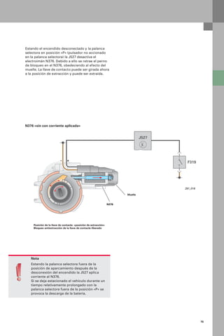 15
+
F319
J527
-
Nota
Estando la palanca selectora fuera de la
posición de aparcamiento después de la
desconexión del encendido la J527 aplica
corriente al N376.
Si se deja estacionado el vehículo durante un
tiempo relativamente prolongado con la
palanca selectora fuera de la posición «P» se
provoca la descarga de la batería.
Estando el encendido desconectado y la palanca
selectora en posición «P» (pulsador no accionado
en la palanca selectora) la J527 desactiva el
electroimán N376. Debido a ello se retrae el perno
de bloqueo en el N376, obedeciendo al efecto del
muelle. La llave de contacto puede ser girada ahora
a la posición de extracción y puede ser extraída.
291_018
N376 «sin con corriente aplicada»
Posición de la llave de contacto: «posición de extracción»
Bloqueo antiextracción de la llave de contacto liberado
Muelle
N376
 