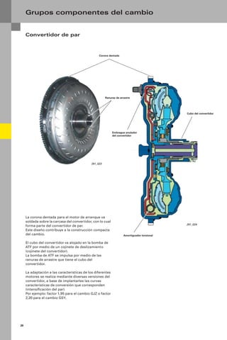 20
Convertidor de par
Grupos componentes del cambio
291_024
291_023
Corona dentada
Amortiguador torsional
Embrague anulador
del convertidor
Ranuras de arrastre
Cubo del convertidor
La corona dentada para el motor de arranque va
soldada sobre la carcasa del convertidor, con lo cual
forma parte del convertidor de par.
Este diseño contribuye a la construcción compacta
del cambio.
El cubo del convertidor va alojado en la bomba de
ATF por medio de un cojinete de deslizamiento
(cojinete del convertidor).
La bomba de ATF se impulsa por medio de las
ranuras de arrastre que tiene el cubo del
convertidor.
La adaptación a las características de los diferentes
motores se realiza mediante diversas versiones del
convertidor, a base de implantarles las curvas
características de conversión que corresponden
(intensiﬁcación del par).
Por ejemplo: factor 1,95 para el cambio GJZ o factor
2,20 para el cambio GSY.
 