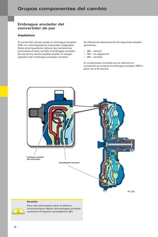 22
Embrague anulador del
convertidor de par
Arquitectura
El convertidor de par posee un embrague anulador
(WK) con amortiguadores torsionales integrados.
Estos amortiguadores reducen las oscilaciones
torsionales al estar cerrado el embrague anulador.
De esa forma resulta posible ampliar el margen
operativo del «embrague anulador cerrado».
Grupos componentes del cambio
Se diferencian básicamente los siguientes estados
operativos:
– WK – abierto
– WK – en regulación
– WK – cerrado
En condiciones normales con el vehículo en
circulación se conecta el embrague anulador (WK) a
partir de la III marcha.
Remisión
Para más información sobre el diseño y
funcionamiento básico del embrague anulador
consulte el Programa autodidáctico 283.
Amortiguador torsional
Embrague anulador
del convertidor
291_025
 
