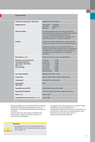 5
Datos técnicos
Entidad de desarrollo / fabricante AISIN AW CO, LTD Japón
Designaciones Fabricante: TF–60SN
Audi AG: AQ250–6F
Servicio: 09G
Tipo de cambio Cambio planetario de 6 marchas con gestión
electrohidráulica (cambio automático escalonado)
con convertidor hidrodinámico de par y
embrague anulador de patinaje regulado para
tracción delantera y montaje transversal
Gestión Unidad de control hidráulica en el depósito de
aceite con unidad de control electrónica externa
Programa dinámico de los cambios DSP con
programa de cambios deportivos por separado en
la «posición S» y el programa tiptronic para los
cambios manuales (tiptronic en el volante
opcional)
Par de giro en Nm Según la versión, hasta más de 300 Nm
Relaciones de transmisión:
engranaje planetario
(para letras distintivas
GSY 1,6 l y
GJZ 2,0 l FSI)
I marcha 4,148
II marcha 2,370
III marcha 1,556
IV marcha 1,155
V marcha 0,859
VI marcha 0,686
Marcha atrás 3,394
Tren intermediario Z52/49 1,061 (GSY y GJZ)
Grupo ﬁnal Z61/15 4,067 (GSY) o Z58/15 3,867 (GJZ)
i-constante* 4,316 (GSY) o 4,102 (GJZ)
Desarrollos*
(GSY/GJZ)
6,05
Especiﬁcación del ATF G 052 025 A2, Esso JWS 3309
Capacidad de llenado 7,0 litros (primer llenado), carga de por vida
Peso en kg aprox. 82,5
Longitud de la construcción en mm aprox. 350
El Audi A3 2004 (con 1,6 l FSI y 2,0 l FSI) la relación
total de la transmisión está diseñada como un
cambio 5+E. La velocidad máxima se alcanza en la
V marcha.
La VI marcha sirve para reducir el régimen de
revoluciones, mejorar el confort y reducir el
consumo de combustible.
La relación total de transmisión en el Audi TT está
diseñada como cambio deportivo.
La velocidad máxima se alcanza en la VI marcha. La
VI marcha se utiliza para un escalonamiento más
estrecho entre las marchas y para un
comportamiento más dinámico.
Remisión
* Las explicaciones a los conceptos/párrafos
identiﬁcados con el asterisco ﬁguran a partir
de la página 72.
 