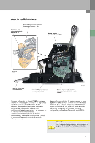 9
Mando del cambio / arquitectura
Sensores Hall para posiciones
de la palanca selectora
Sensores Hall para el
conmutador tiptronic F189
Conmutador para palanca selectora
bloqueada en posición P F319
Sistema de sensores de la palanca
selectora con conmutadores F189 para
tiptronic
Cable de mando de la
palanca selectora
Electroimán para
bloqueo de la palanca
selectora N110
291_011
291_011A
El mando del cambio en el Audi A3 2004 incluye el
sistema de sensores para posiciones de la palanca
selectora y para la función tiptronic (F189).
Mediante sensores Hall – excitados por imanes
permanentes – se detectan las diferentes
posiciones de la palanca selectora y se procesan en
un circuito analizador electrónico.
El analizador electrónico excita los diodos
luminosos para la cubierta del mando del cambio
en función de la posición momentánea de la
palanca selectora.
Las señales procedentes de los conmutadores para
tiptronic F189 se evalúan asimismo en el sistema de
sensores de la palanca selectora y se transmiten a
través de un interfaz por separado hacia la unidad
de control del cambio en forma de una señal
rectangular modulada en frecuencia (señal FMR).
Remisión
Para más detalles sobre este tema consulte la
página 50 de este Programa autodidáctico.
 