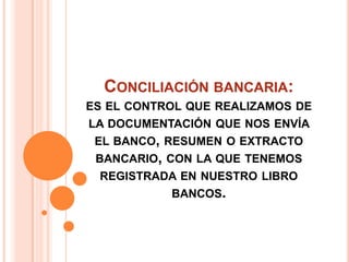 CONCILIACIÓN BANCARIA:
ES EL CONTROL QUE REALIZAMOS DE
LA DOCUMENTACIÓN QUE NOS ENVÍA
 EL BANCO, RESUMEN O EXTRACTO
 BANCARIO, CON LA QUE TENEMOS
  REGISTRADA EN NUESTRO LIBRO
            BANCOS.
 