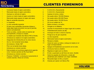 CLIENTES FEMENINOS
•   Conduzca hasta el cajero automático.                1.    C-A-N-C-E-L Nuevamente
•   Retroceda hasta el cajero automático.               2.    C-A-N-C-E-L Nuevamente
•   Acerque su vehiculo al cajero.                      3.    Ingrese el monto a retirar
•   Avance un metro hasta el cajero automático.         4.    No puede retirar 150.000 Dolares.
•   Retroceda hasta separar el cajero del capot.        5.    No puede retirar 450.000 Pesos
•   Baje la ventanilla izquierda.                       6.    No puede retirar 100.000 Euros
•   La izquierda.                                       7.    55 no es mutlplo de 10.
•   La otra ventanilla izquierda                        8.    Retire el dinero y el recibo.
•   Si tiene mas ventanillas izquierdas dirijase a      9.    Póngalo en la billetera.
    todas ellas hasta encontrar una que le permita      10.   Guarde el comprobante en algun lugar de la cartera.
    operar comodamente
                                                        11.   Preferiblemente dentro de ella.
•   Tome su bolso, vacíelo sobre el asiento del
                                                        12.   Arranque el motor e inicie la marcha.
    acompañante y busque su tarjeta.
                                                        13.   Ponga la luz de giro izquierda
•   La tarjeta que necesita dice Banco RIO al frente.
                                                        14.   La otra izquierda.
•   Introduzca su tarjeta en el cajero automático
                                                        15.   Retroceda hasta el cajero automatico.
•   Asegurese de introducirla por la unica ranura
                                                        16.   Recoja su tarjeta.
•   Así no. Con la banda hacia abajo.
                                                        17.   Vacie de nuevo su bolso y coloque la tarjeta en el
•   Así tampoco. Gírela 180º.
                                                              lugar correspondiente.
•   Pero con la banda hacia abajo.
                                                        18.   Apague el limpiabrisas que accionó con el codo.
•   Introduzca su número secreto.
                                                        19.   Conduzca hacia su destino.
•   Está anotado en la primera pagina de la agenda
                                                        20.   Regrese al cajero por su dinero.
    como “número secreto de Rio Auto Bank”.
                                                        21.   El olor a quemado es del freno de mano. Quitelo
•   Introduzca su número secreto.
                                                        22.   Quite los papeles de infraccion y multa del
•   Presione “CANCEL” e introduzca nuevamente el
                                                              parabrisas para obetener una mejor visibilidad
    numero secreto. Ahora sin errores.
                                                        23.   Recuerde bajar al niño y al perro
                                                        24.   Gracias por operar con Banco Rio



                                                                                                              VOLVER
 