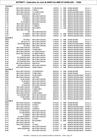 AFFRBTT - Calendrier du club de BHW CAJ-MIR ST-GHISLAIN - H384
Journée 1
N01026 BHW CAJ-MIR ST-GHISLAIN A - TTC JONG GULLEGEM A 14/09/2013 : Sa 19H00 NATIONAL MESSIEURS Division 1 A
N01046 BHW CAJ-MIR ST-GHISLAIN B - TT PERWEZ A 14/09/2013 : Sa 19H00 NATIONAL MESSIEURS Division 2 A
01-006 BHW CAJ-MIR ST-GHISLAIN C - CTT LES BONS VILLERS B 14/09/2013 : Sa 19H00 PROVINCIAL MESSIEURS HAINAUT DIVISION 1 A
01-024 BHW CAJ-MIR ST-GHISLAIN D - DOUR PALETTE B 14/09/2013 : Sa 19H00 PROVINCIAL MESSIEURS HAINAUT DIVISION 2 B
01-054 DOUR PALETTE C - BHW CAJ-MIR ST-GHISLAIN E 14/09/2013 : Sa 19H00 PROVINCIAL MESSIEURS HAINAUT DIVISION 3 C
01-060 CTT MAISIERES A - BHW CAJ-MIR ST-GHISLAIN F 14/09/2013 : Sa 19H00 PROVINCIAL MESSIEURS HAINAUT DIVISION 3 D
01-066 CTT ENGHIEN A - BHW CAJ-MIR ST-GHISLAIN G 14/09/2013 : Sa 20H00 PROVINCIAL MESSIEURS HAINAUT DIVISION 3 E
01-108 PAL HUISSIGNIES D - BHW CAJ-MIR ST-GHISLAIN H 14/09/2013 : Sa 19H00 PROVINCIAL MESSIEURS HAINAUT DIVISION 4 D
01-120 BHW CAJ-MIR ST-GHISLAIN I - RP MAURAGE A 13/09/2013 : Ve 20H00 PROVINCIAL MESSIEURS HAINAUT DIVISION 4 F
01-114 BHW CAJ-MIR ST-GHISLAIN J - CTT ENGHIEN B 14/09/2013 : Sa 16H00 PROVINCIAL MESSIEURS HAINAUT DIVISION 4 E
01-192 BHW CAJ-MIR ST-GHISLAIN K - TREFLE LENSOIS E 14/09/2013 : Sa 15H00 PROVINCIAL MESSIEURS HAINAUT DIVISION 5 F
01-186 BHW CAJ-MIR ST-GHISLAIN L - BYE 14/09/2013 : PROVINCIAL MESSIEURS HAINAUT DIVISION 5 E
01-306 BYE - BHW CAJ-MIR ST-GHISLAIN M 14/09/2013 : PROVINCIAL MESSIEURS HAINAUT DIVISION 6 G
01-300 PAL OBOURG G - BHW CAJ-MIR ST-GHISLAIN N 14/09/2013 : Sa 10H00 PROVINCIAL MESSIEURS HAINAUT DIVISION 6 F
01-312 PAL OBOURG H - BHW CAJ-MIR ST-GHISLAIN O 14/09/2013 : Sa 15H00 PROVINCIAL MESSIEURS HAINAUT DIVISION 6 H
Journée 2
N02026 GPV ATHOIS A - BHW CAJ-MIR ST-GHISLAIN A 21/09/2013 : Sa 19H00 NATIONAL MESSIEURS Division 1 A
N02046 ARC-EN-CIEL CTT A - BHW CAJ-MIR ST-GHISLAIN B 21/09/2013 : Sa 19H00 NATIONAL MESSIEURS Division 2 A
02-006 EXCELSIOR ERQUELINNES B - BHW CAJ-MIR ST-GHISLAIN C 21/09/2013 : Sa 20H00 PROVINCIAL MESSIEURS HAINAUT DIVISION 1 A
02-024 RCTT THUIN E - BHW CAJ-MIR ST-GHISLAIN D 21/09/2013 : Sa 20H00 PROVINCIAL MESSIEURS HAINAUT DIVISION 2 B
02-052 BHW CAJ-MIR ST-GHISLAIN E - AEDEC HYON B 20/09/2013 : Ve 20H00 PROVINCIAL MESSIEURS HAINAUT DIVISION 3 C
02-058 BHW CAJ-MIR ST-GHISLAIN F - CTT MONS ECURIE D 20/09/2013 : Ve 20H00 PROVINCIAL MESSIEURS HAINAUT DIVISION 3 D
02-064 BHW CAJ-MIR ST-GHISLAIN G - PAL LE ROEULX-GHISLAGE C 21/09/2013 : Sa 19H00 PROVINCIAL MESSIEURS HAINAUT DIVISION 3 E
02-106 BHW CAJ-MIR ST-GHISLAIN H - PAL FRIENDS PAPIGNIES A 21/09/2013 : Sa 19H00 PROVINCIAL MESSIEURS HAINAUT DIVISION 4 D
02-120 PAL NAASTOISE B - BHW CAJ-MIR ST-GHISLAIN I 21/09/2013 : Sa 19H00 PROVINCIAL MESSIEURS HAINAUT DIVISION 4 F
02-114 PAL COLFONTAINE-FLENU B - BHW CAJ-MIR ST-GHISLAIN J 21/09/2013 : Sa 19H00 PROVINCIAL MESSIEURS HAINAUT DIVISION 4 E
02-192 PAL COLFONTAINE-FLENU E - BHW CAJ-MIR ST-GHISLAIN K 21/09/2013 : Sa 15H00 PROVINCIAL MESSIEURS HAINAUT DIVISION 5 F
02-186 PAL COLFONTAINE-FLENU D - BHW CAJ-MIR ST-GHISLAIN L 21/09/2013 : Sa 15H00 PROVINCIAL MESSIEURS HAINAUT DIVISION 5 E
02-304 BHW CAJ-MIR ST-GHISLAIN M - DOUR PALETTE F 21/09/2013 : Sa 15H00 PROVINCIAL MESSIEURS HAINAUT DIVISION 6 G
02-298 SMASH-CLUB QUIEVRAIN E - BHW CAJ-MIR ST-GHISLAIN N 20/09/2013 : Ve 20H00 PROVINCIAL MESSIEURS HAINAUT DIVISION 6 F
02-310 BHW CAJ-MIR ST-GHISLAIN O - DYNAMIC CUESMES H 21/09/2013 : Sa 15H00 PROVINCIAL MESSIEURS HAINAUT DIVISION 6 H
Journée 3
N03025 BHW CAJ-MIR ST-GHISLAIN A - TTC CRAWFORD GENT A 28/09/2013 : Sa 19H00 NATIONAL MESSIEURS Division 1 A
N03045 BHW CAJ-MIR ST-GHISLAIN B - CTT MONS ECURIE A 28/09/2013 : Sa 19H00 NATIONAL MESSIEURS Division 2 A
03-005 BHW CAJ-MIR ST-GHISLAIN C - PAL BON-SECOURS A 28/09/2013 : Sa 19H00 PROVINCIAL MESSIEURS HAINAUT DIVISION 1 A
03-023 BHW CAJ-MIR ST-GHISLAIN D - AEDEC HYON A 28/09/2013 : Sa 19H00 PROVINCIAL MESSIEURS HAINAUT DIVISION 2 B
03-050 PAL BON-SECOURS C - BHW CAJ-MIR ST-GHISLAIN E 28/09/2013 : Sa 19H00 PROVINCIAL MESSIEURS HAINAUT DIVISION 3 C
03-056 PAL HELLEBECQ A - BHW CAJ-MIR ST-GHISLAIN F 28/09/2013 : Sa 20H00 PROVINCIAL MESSIEURS HAINAUT DIVISION 3 D
03-062 CP MONTOIS E - BHW CAJ-MIR ST-GHISLAIN G 28/09/2013 : Sa 19H00 PROVINCIAL MESSIEURS HAINAUT DIVISION 3 E
03-104 PAL HELLEBECQ B - BHW CAJ-MIR ST-GHISLAIN H 28/09/2013 : Sa 20H00 PROVINCIAL MESSIEURS HAINAUT DIVISION 4 D
03-119 BHW CAJ-MIR ST-GHISLAIN I - PAL OBOURG B 27/09/2013 : Ve 20H00 PROVINCIAL MESSIEURS HAINAUT DIVISION 4 F
03-113 BHW CAJ-MIR ST-GHISLAIN J - CTT MONS ECURIE G 27/09/2013 : Ve 20H00 PROVINCIAL MESSIEURS HAINAUT DIVISION 4 E
03-191 BHW CAJ-MIR ST-GHISLAIN K - CP MONTOIS K 28/09/2013 : Sa 15H00 PROVINCIAL MESSIEURS HAINAUT DIVISION 5 F
03-185 BHW CAJ-MIR ST-GHISLAIN L - DYNAMIC CUESMES E 28/09/2013 : Sa 15H00 PROVINCIAL MESSIEURS HAINAUT DIVISION 5 E
03-302 PAL COLFONTAINE-FLENU F - BHW CAJ-MIR ST-GHISLAIN M 28/09/2013 : Sa 15H00 PROVINCIAL MESSIEURS HAINAUT DIVISION 6 G
03-296 PAL BON-SECOURS L - BHW CAJ-MIR ST-GHISLAIN N 28/09/2013 : Sa 15H00 PROVINCIAL MESSIEURS HAINAUT DIVISION 6 F
03-308 AEDEC HYON K - BHW CAJ-MIR ST-GHISLAIN O 28/09/2013 : Sa 15H00 PROVINCIAL MESSIEURS HAINAUT DIVISION 6 H
Journée 4
N04025 BHW CAJ-MIR ST-GHISLAIN A - TT VEDRINAMUR A 05/10/2013 : Sa 19H00 NATIONAL MESSIEURS Division 1 A
N04045 BHW CAJ-MIR ST-GHISLAIN B - TTC WANZE A 05/10/2013 : Sa 19H00 NATIONAL MESSIEURS Division 2 A
04-005 BHW CAJ-MIR ST-GHISLAIN C - CTT ACREN A 05/10/2013 : Sa 19H00 PROVINCIAL MESSIEURS HAINAUT DIVISION 1 A
04-023 BHW CAJ-MIR ST-GHISLAIN D - CP MONTOIS B 05/10/2013 : Sa 19H00 PROVINCIAL MESSIEURS HAINAUT DIVISION 2 B
04-051 ETT CENTRE MANAGE C - BHW CAJ-MIR ST-GHISLAIN E 05/10/2013 : Sa 19H00 PROVINCIAL MESSIEURS HAINAUT DIVISION 3 C
04-057 ETT CENTRE MANAGE B - BHW CAJ-MIR ST-GHISLAIN F 05/10/2013 : Sa 19H00 PROVINCIAL MESSIEURS HAINAUT DIVISION 3 D
04-063 PAL OBOURG A - BHW CAJ-MIR ST-GHISLAIN G 05/10/2013 : Sa 19H00 PROVINCIAL MESSIEURS HAINAUT DIVISION 3 E
04-105 PAL ACOUSTIC HERCHIES C - BHW CAJ-MIR ST-GHISLAIN H 04/10/2013 : Ve 20H00 PROVINCIAL MESSIEURS HAINAUT DIVISION 4 D
04-119 BHW CAJ-MIR ST-GHISLAIN I - CP LUTTRE E 04/10/2013 : Ve 20H00 PROVINCIAL MESSIEURS HAINAUT DIVISION 4 F
04-113 BHW CAJ-MIR ST-GHISLAIN J - RPV ECAUSSINNES C 04/10/2013 : Ve 20H00 PROVINCIAL MESSIEURS HAINAUT DIVISION 4 E
04-191 BHW CAJ-MIR ST-GHISLAIN K - BYE 05/10/2013 : PROVINCIAL MESSIEURS HAINAUT DIVISION 5 F
04-185 BHW CAJ-MIR ST-GHISLAIN L - CTT ACREN E 05/10/2013 : Sa 15H00 PROVINCIAL MESSIEURS HAINAUT DIVISION 5 E
04-303 DOUR PALETTE H - BHW CAJ-MIR ST-GHISLAIN M 05/10/2013 : Sa 15H00 PROVINCIAL MESSIEURS HAINAUT DIVISION 6 G
04-297 SMASH-CLUB QUIEVRAIN F - BHW CAJ-MIR ST-GHISLAIN N 05/10/2013 : Sa 15H00 PROVINCIAL MESSIEURS HAINAUT DIVISION 6 F
04-309 BYE - BHW CAJ-MIR ST-GHISLAIN O 05/10/2013 : PROVINCIAL MESSIEURS HAINAUT DIVISION 6 H
AFFRBTT - Calendrier du club de BHW CAJ-MIR ST-GHISLAIN - H384 - Page 1/6
 