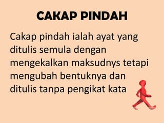 CAKAP PINDAHCakap pindah ialah ayat yang ditulis semula dengan mengekalkan maksudnys tetapi mengubah bentuknya dan ditulis tanpa pengikat kata