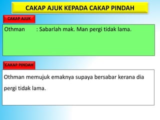 CAKAP AJUK KEPADA CAKAP PINDAH
CAKAP AJUK
Othman : Sabarlah mak. Man pergi tidak lama.
Othman memujuk emaknya supaya bersabar kerana dia
pergi tidak lama.
CAKAP PINDAH
 