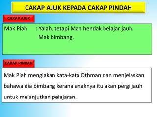CAKAP AJUK KEPADA CAKAP PINDAH
CAKAP AJUK
Mak Piah : Yalah, tetapi Man hendak belajar jauh.
Mak bimbang.
Mak Piah mengiakan kata-kata Othman dan menjelaskan
bahawa dia bimbang kerana anaknya itu akan pergi jauh
untuk melanjutkan pelajaran.
CAKAP PINDAH
 