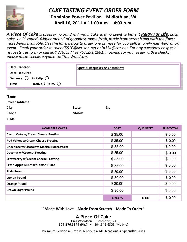 cake tasting order form cake order forms