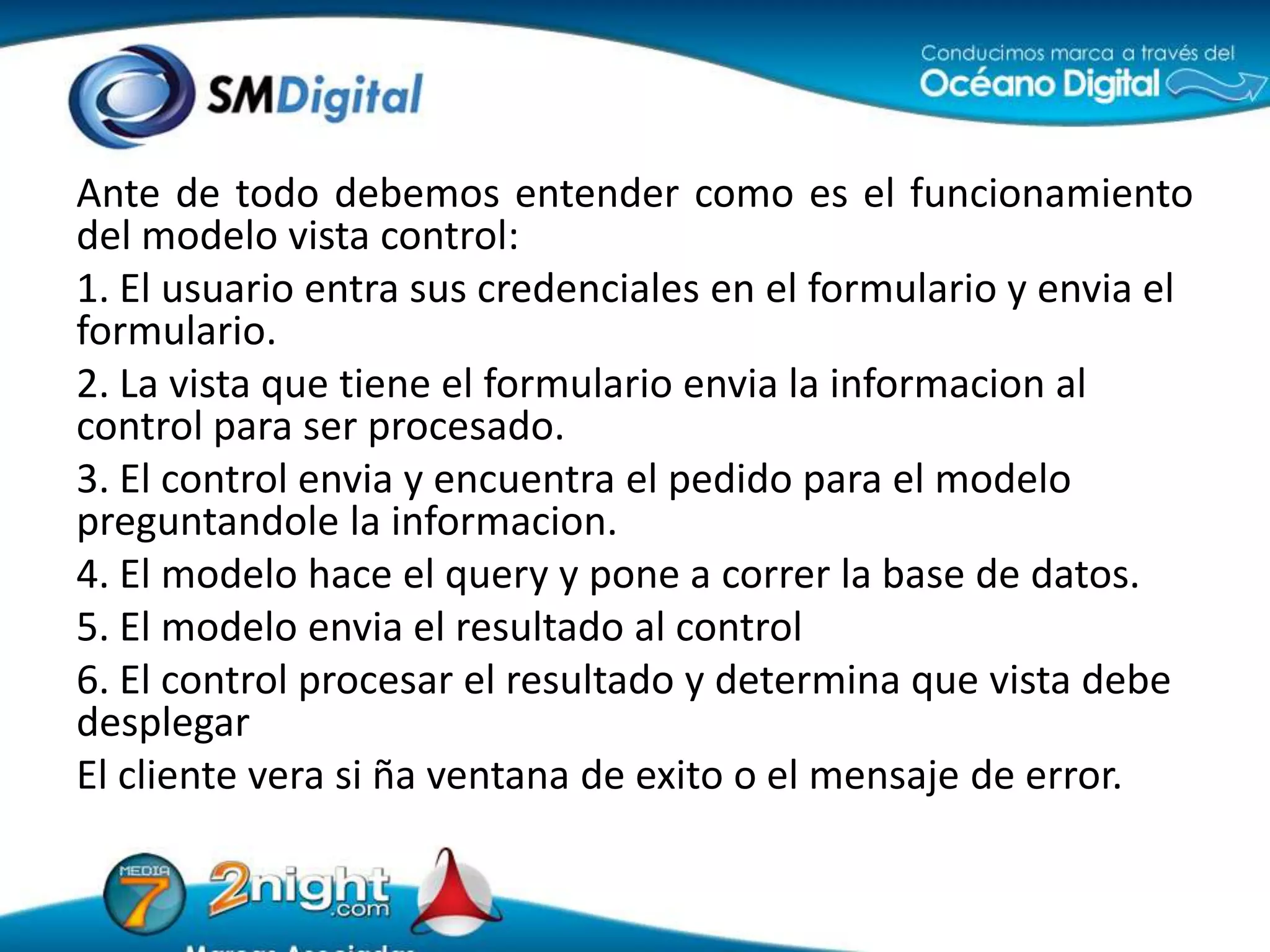 Ante de todo debemos entender como es el funcionamiento del modelo vista control:1. El usuarioentrasuscredenciales en el formulario y envia el formulario.2. La vista quetiene el formularioenvia la informacion al control para ser procesado.3. El control envia y encuentra el pedidopara el modelopreguntandole la informacion.4. El modelohace el query y pone a correr la base de datos.5. El modelo envia el resultado al control6. El control procesar el resultado y determinaque vista debedesplegarEl clienteverasiñaventana de exito o el mensaje de error.