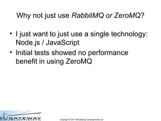 Copyright © 2017 M/Gateway Developments Ltd
Why not just use RabbitMQ or ZeroMQ?
• I just want to just use a single techno...