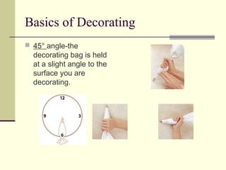 Basics of Decorating
 45° angle-the

decorating bag is held
at a slight angle to the
surface you are
decorating.

 