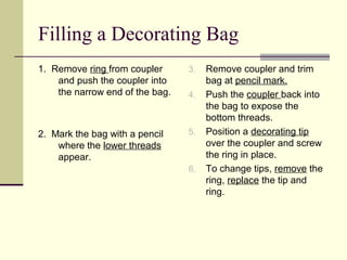Filling a Decorating Bag
1. Remove ring from coupler
and push the coupler into
the narrow end of the bag.

3.

2. Mark the bag with a pencil
where the lower threads
appear.

5.

4.

6.

Remove coupler and trim
bag at pencil mark.
Push the coupler back into
the bag to expose the
bottom threads.
Position a decorating tip
over the coupler and screw
the ring in place.
To change tips, remove the
ring, replace the tip and
ring.

 