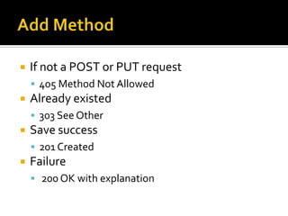 Add MethodIf not a POST request405 Method Not AllowedAlready existed303 See OtherSave success201 CreatedFailure 200 OK with explanation