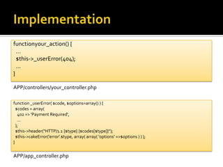 Implementationfunction your_action() {  …  $this->_userError(404);  …}APP/controllers/your_controller.phpfunction _userError( $code, $options=array() ) {  $codes = array(    402 => 'Payment Required',    …  );  $this->header("HTTP/1.1 {$type} {$codes[$type]}");  $this->cakeError('error'.$type, array( array( 'options' => $options ) ) );}APP/app_controller.php