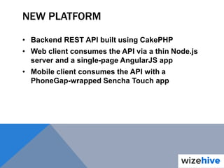 NEW PLATFORM
• Backend REST API built using CakePHP
• Web client consumes the API via a thin Node.js
server and a single-page AngularJS app
• Mobile client consumes the API with a
PhoneGap-wrapped Sencha Touch app
 