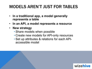 MODELS AREN’T JUST FOR TABLES
• In a traditional app, a model generally
represents a table
• In an API, a model represents a resource
• New strategy
• Share models when possible
• Create new models for API-only resources
• Set up attributes & relations for each API-
accessible model
 