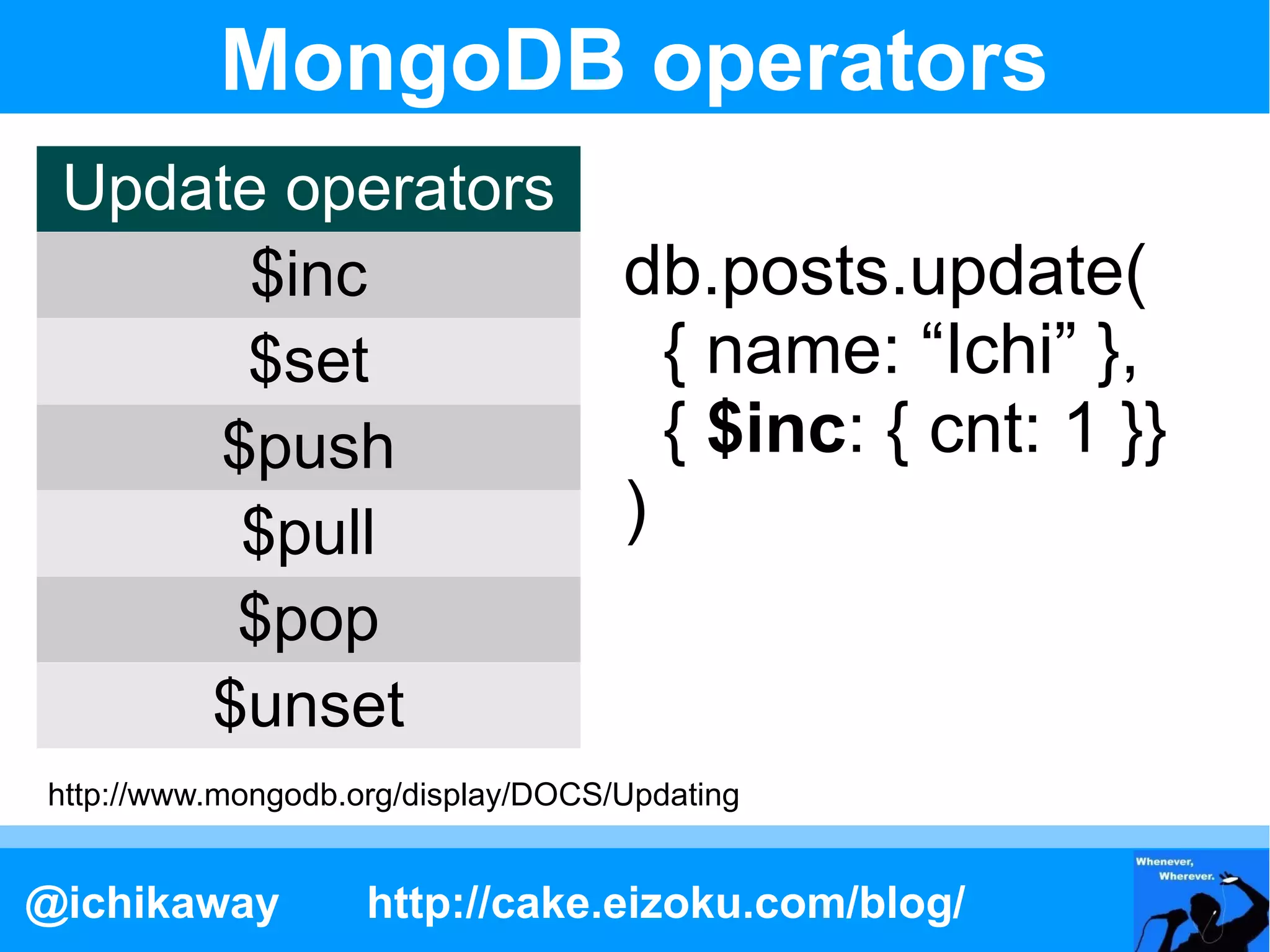 MongoDB operators
 Update operators
       $inc                         db.posts.update(
      $set                            { name: “Ichi” },
     $push                            { $inc: { cnt: 1 }}
      $pull                         )
      $pop
     $unset
http://www.mongodb.org/display/DOCS/Updating


@ichikaway          http://cake.eizoku.com/blog/
 