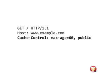 GET / HTTP/1.1
Host: www.example.com
Cache-Control: max-age=60, public
Cacheable for 60 seconds
 