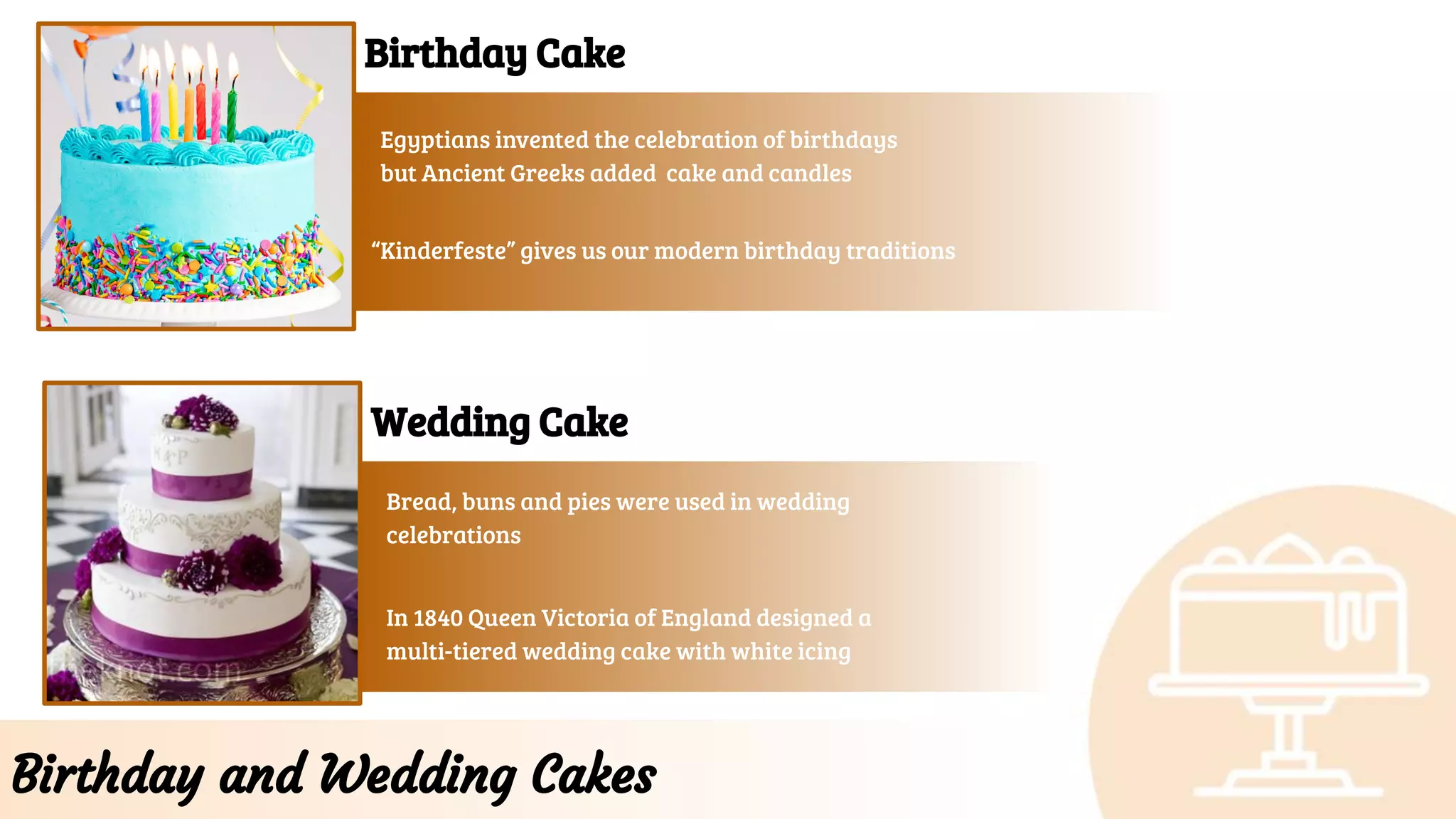 Birthday and Wedding Cakes
Egyptians invented the celebration of birthdays
but Ancient Greeks added cake and candles
“Kinderfeste” gives us our modern birthday traditions
Birthday Cake
Bread, buns and pies were used in wedding
celebrations
In 1840 Queen Victoria of England designed a
multi-tiered wedding cake with white icing
Wedding Cake
 