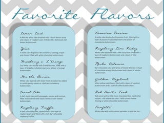 A delicate white cake brushed with a fresh lemon syrup         A white cake brushed with passion fruit . Filled with a
and a layer of raspberry jam. Filled with a deliciously tart   layer of passion fruit buttercream and a layer of
lemon buttercream.                                             macadamia buttercream.




A moist cake fragrant with cinnamon, nutmeg, maple             White cake splashed with a lime syrup and filled with a
and cloves. Filled with white chocolate buttercream.           layer of raspberry buttercream and a layer of lime
                                                               buttercream.

                                      ’
Our white cake kissed with Grand Marnier, filled with a
layer of strawberry buttercream and a layer of orange          Dark chocolate cake with a kiss of Grand Marnier. A layer
buttercream.                                                   of chocolate-orange buttercream and a layer of mocha
                                                               buttercream.


White cake layered with sliced fresh strawberries added
to vanilla pastry cream or a delicate strawberry               Moist yellow cake layers filled with a layer of hazelnut
buttercream.                                                   buttercream and a layer of coffee buttercream.




A dark moist cake with pineapple, pecans and coconut,          Red velvet with a little more chocolate than most other
filled and covered with classic vanilla cream cheese           recipes - still a dark red color! With cream cheese
buttercream.                                                   frosting or white chocolate buttercream.


                                                                                  !
A dark chocolate cake, spread with a thin layer of             White cake with multicolored sprinkles to add the fun!
raspberry jam and filled with a rich, dark chocolate
raspberry truffle!
 