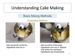 Understanding Cake Making
21
Basic Mixing Methods
Add one-fourth of the dry
ingredients and mix in.
Add one-third of the liquid
ingredients and mix in. Repeat
until all the dry and liquid
ingredients are incorporated.
Creaming Method
 