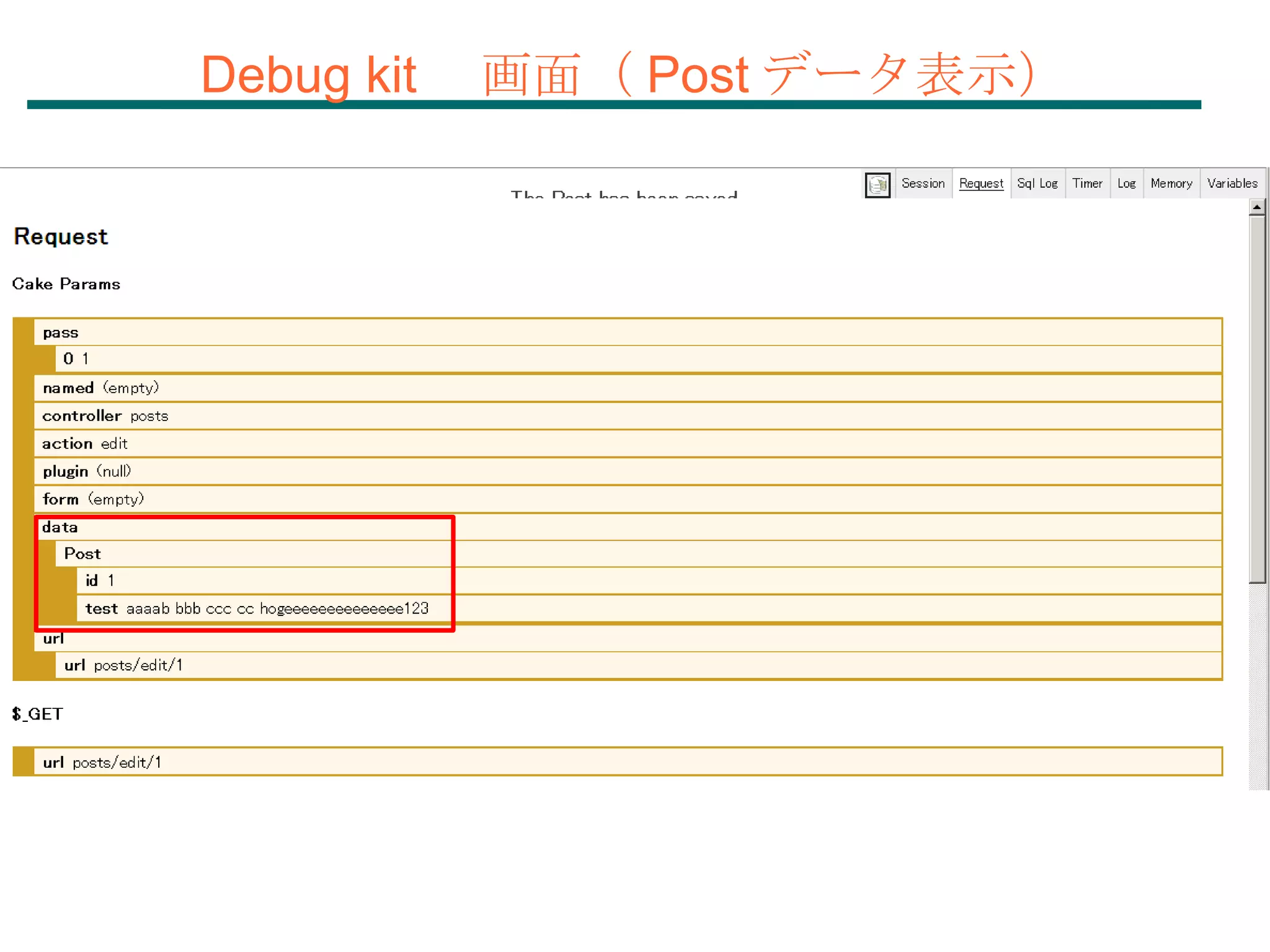 Debug kit 　画面（ Post データ表示） 