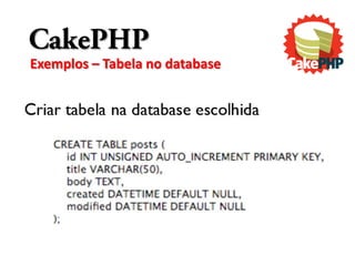 CakePHP
Exemplos – Tabela no database
 
