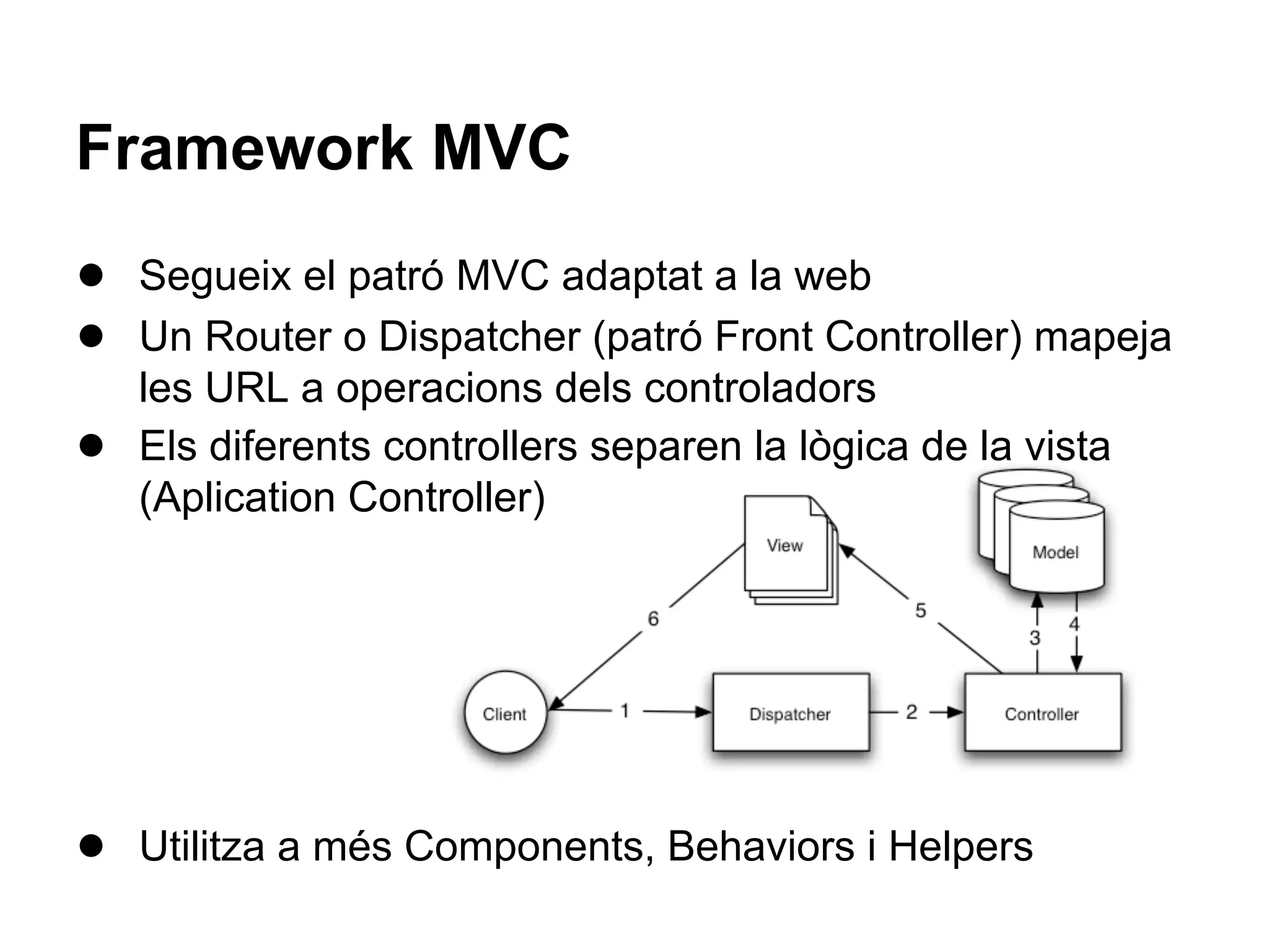 Framework MVC
● Segueix el patró MVC adaptat a la web
● Un Router o Dispatcher (patró Front Controller) mapeja
    les URL a operacions dels controladors
●   Els diferents controllers separen la lògica de la vista
    (Aplication Controller)




● Utilitza a més Components, Behaviors i Helpers
 