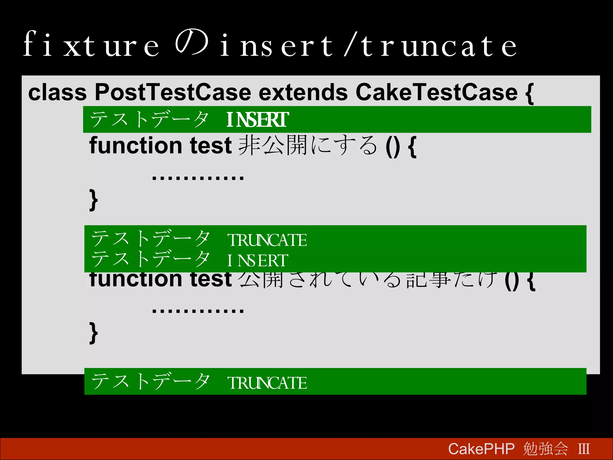 fixture の insert/truncate CakePHP  勉強会 Ⅲ　 class PostTestCase extends CakeTestCase { function test 非公開にする () { ………… } function test 公開されている記事だけ () { ………… } テストデータ  INSERT  テストデータ  TRUNCATE テストデータ  INSERT テストデータ  TRUNCATE 