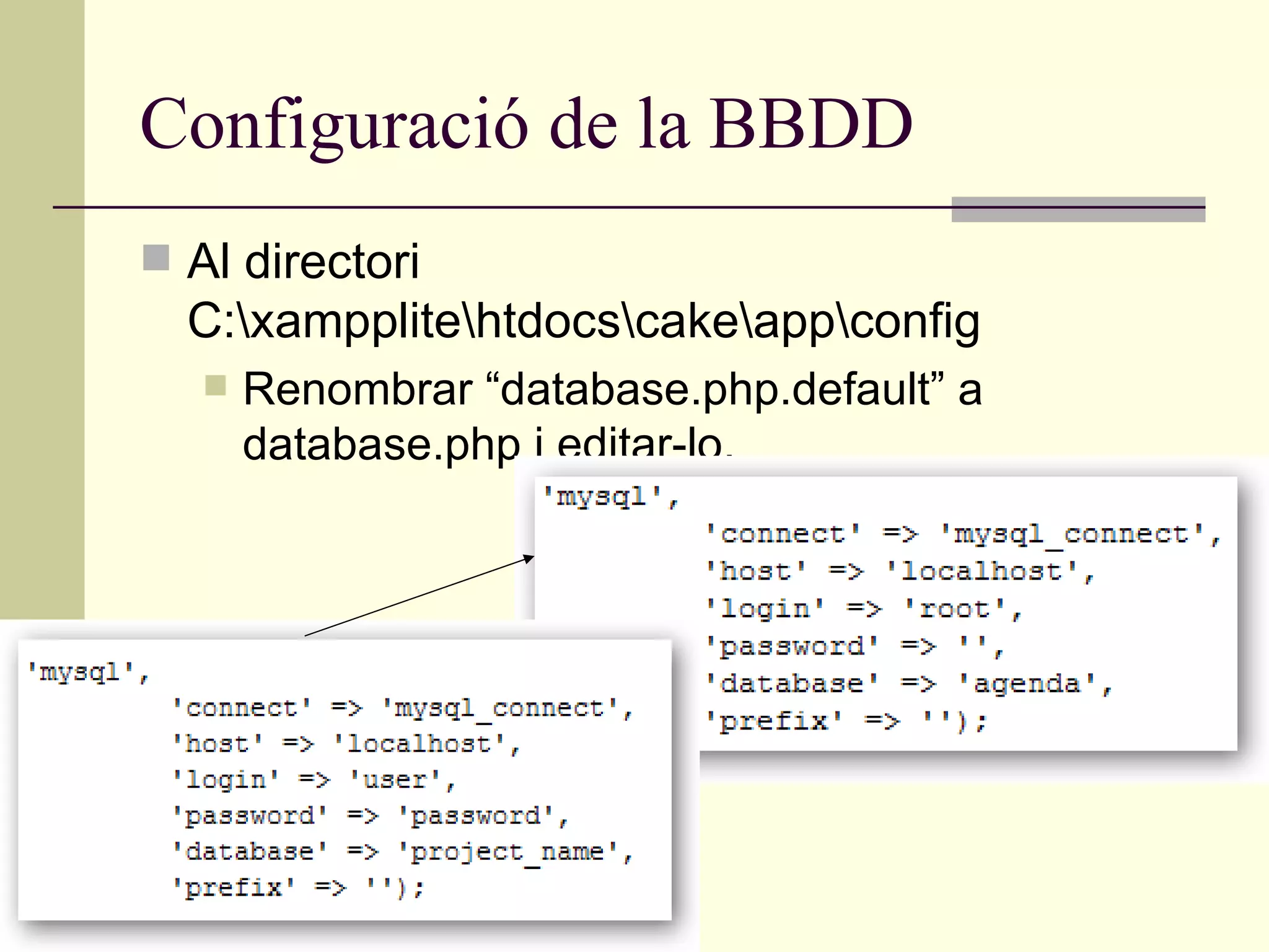 Configuració de la BBDD Al directori C:\xampplite\htdocs\cake\app\config Renombrar “database.php.default” a database.php i editar-lo. 