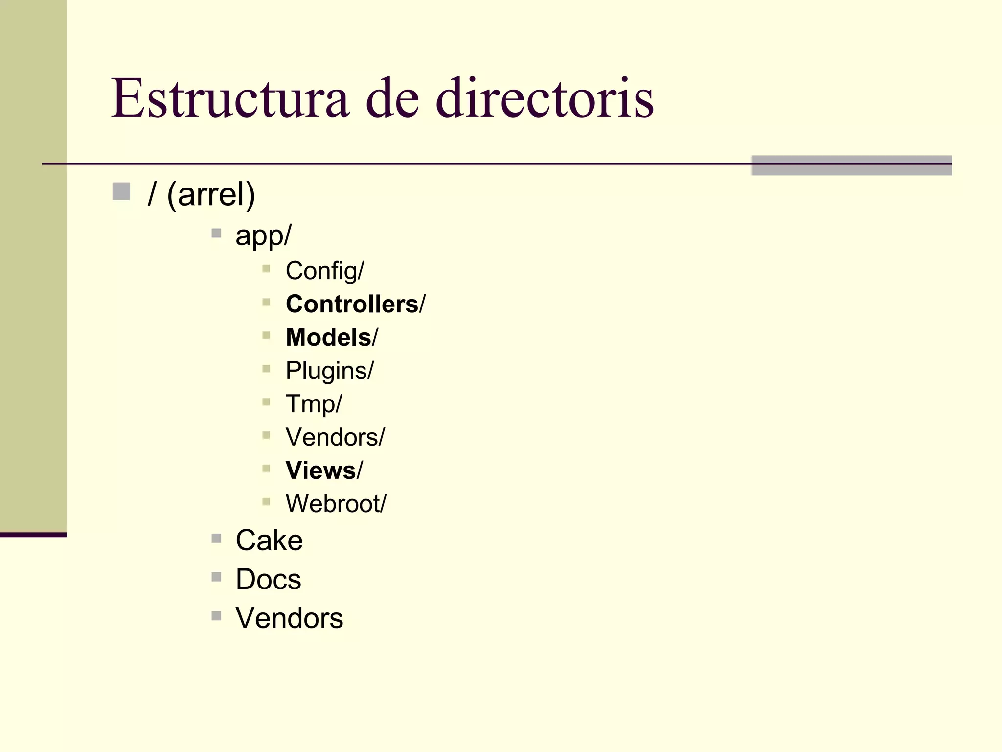 Estructura de directoris / (arrel) app/ Config/ Controllers / Models / Plugins/ Tmp/ Vendors/ Views / Webroot/ Cake Docs Vendors 