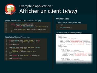 Exemple d'application :

Afficher un client (view)
/app/Controller/ClientsController.php

Un petit test
/app/View/Client/view.ctp

example.com/clients/view/3
/app/View/Client/view.ctp

 