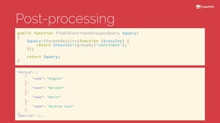 Post-processing
public function findInContinentGroups(Query $query) 
{ 
$query->formatResults(function ($results) { 
return $results->groupBy('continent'); 
}); 
 
return $query; 
}
"Africa": [ 
{ 
"name": "Angola" 
}, 
{ 
"name": "Burundi" 
}, 
{ 
"name": "Benin" 
}, 
{ 
"name": "Burkina Faso" 
}, 
], 
"America": [...
 
