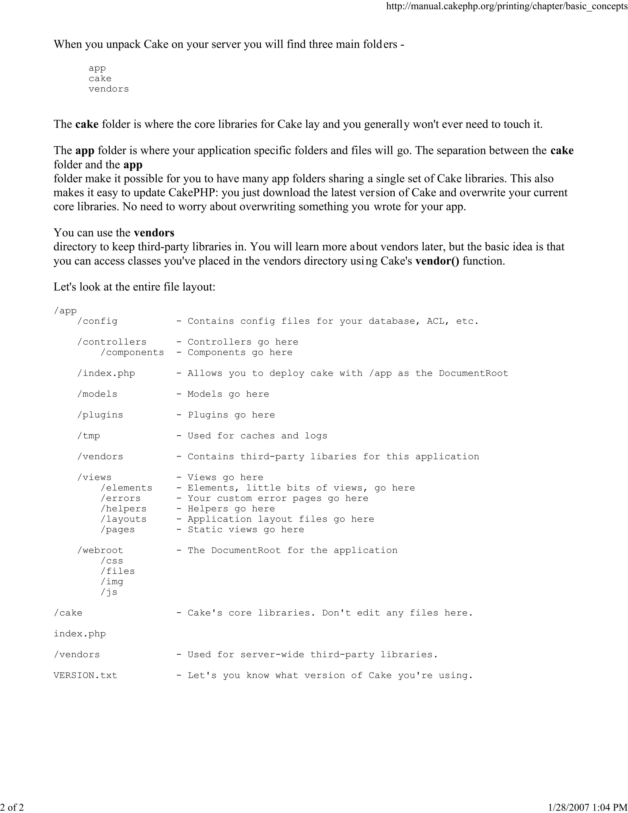 2 of 2

http://manual.cakephp.org/printing/chapter/basic_concepts

When you unpack Cake on your server you will find three main fold ers app
cake
vendors

The cake folder is where the core libraries for Cake lay and you generally won't ever need to touch it.
The app folder is where your application specific folders and files will go. The separation between the cake
folder and the app
folder make it possible for you to have many app folders sharing a single set of Cake libraries. This also
makes it easy to update CakePHP: you just download the latest version of Cake and overwrite your current
core libraries. No need to worry about overwriting something you wrote for your app.
You can use the vendors
directory to keep third-party libraries in. You will learn more about vendors later, but the basic idea is that
you can access classes you've placed in the vendors directory usi ng Cake's vendor() function.
Let's look at the entire file layout:
/app
/config

- Contains config files for your database, ACL, etc.

/controllers
/components

- Controllers go here
- Components go here

/index.php

- Allows you to deploy cake with /app as the DocumentRoot

/models

- Models go here

/plugins

- Plugins go here

/tmp

- Used for caches and logs

/vendors

- Contains third-party libaries for this application

/views
/elements
/errors
/helpers
/layouts
/pages

-

/webroot
/css
/files
/img
/js

- The DocumentRoot for the application

/cake

Views go here
Elements, little bits of views, go here
Your custom error pages go here
Helpers go here
Application layout files go here
Static views go here

- Cake's core libraries. Don't edit any files here.

index.php
/vendors

- Used for server-wide third-party libraries.

VERSION.txt

- Let's you know what version of Cake you're using.

1/28/2007 1:04 PM

 