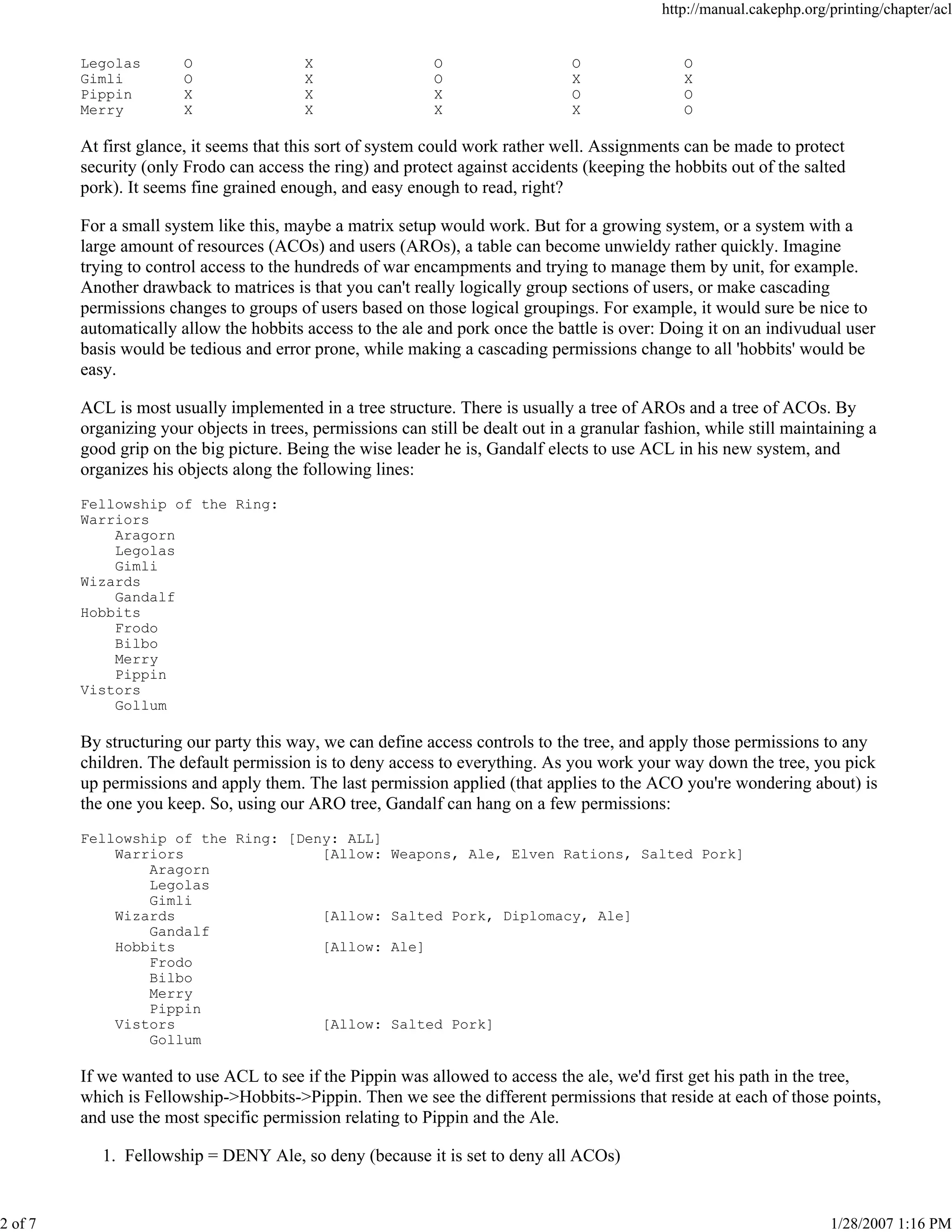 2 of 7

http://manual.cakephp.org/printing/chapter/acl

Legolas
Gimli
Pippin
Merry

O
O
X
X

X
X
X
X

O
O
X
X

O
X
O
X

O
X
O
O

At first glance, it seems that this sort of system could work rather well. Assignments can be made to protect
security (only Frodo can access the ring) and protect against accidents (keeping the hobbits out of the salted
pork). It seems fine grained enough, and easy enough to read, right?
For a small system like this, maybe a matrix setup would work. But for a growing system, or a system with a
large amount of resources (ACOs) and users (AROs), a table can become unwieldy rather quickly. Imagine
trying to control access to the hundreds of war encampments and trying to manage them by unit, for example.
Another drawback to matrices is that you can't really logically group sections of users, or make cascading
permissions changes to groups of users based on those logical groupings. For example, it would sure be nice to
automatically allow the hobbits access to the ale and pork once the battle is over: Doing it on an indivudual user
basis would be tedious and error prone, while making a cascading permissions change to all 'hobbits' would be
easy.
ACL is most usually implemented in a tree structure. There is usually a tree of AROs and a tree of ACOs. By
organizing your objects in trees, permissions can still be dealt out in a granular fashion, while still maintaining a
good grip on the big picture. Being the wise leader he is, Gandalf elects to use ACL in his new system, and
organizes his objects along the following lines:
Fellowship of the Ring:
Warriors
Aragorn
Legolas
Gimli
Wizards
Gandalf
Hobbits
Frodo
Bilbo
Merry
Pippin
Vistors
Gollum

By structuring our party this way, we can define access controls to the tree, and apply those permissions to any
children. The default permission is to deny access to everything. As you work your way down the tree, you pick
up permissions and apply them. The last permission applied (that applies to the ACO you're wondering about) is
the one you keep. So, using our ARO tree, Gandalf can hang on a few permissions:
Fellowship of the Ring: [Deny: ALL]
Warriors
[Allow:
Aragorn
Legolas
Gimli
Wizards
[Allow:
Gandalf
Hobbits
[Allow:
Frodo
Bilbo
Merry
Pippin
Vistors
[Allow:
Gollum

Weapons, Ale, Elven Rations, Salted Pork]

Salted Pork, Diplomacy, Ale]
Ale]

Salted Pork]

If we wanted to use ACL to see if the Pippin was allowed to access the ale, we'd first get his path in the tree,
which is Fellowship->Hobbits->Pippin. Then we see the different permissions that reside at each of those points,
and use the most specific permission relating to Pippin and the Ale.
1. Fellowship = DENY Ale, so deny (because it is set to deny all ACOs)

1/28/2007 1:16 PM

 