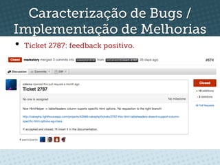 Caracterização de Bugs /
Implementação de Melhorias
•  Ticket 2787: feedback positivo.
 