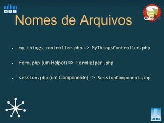 Nomes de Arquivos
•   my_things_controller.php => MyThingsController.php


•   form.php (um Helper) => FormHelper.php


•   session.php (um Componente) => SessionComponent.php
 