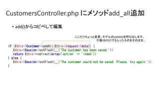CustomersController.php にメソッドadd_all追加
• add()からコピペして編集
if ($this->Customer->addAll($this->request->data)) {
$this->Session->setFlash(__('The customer has been saved.'));
return $this->redirect(array('action' => 'index'));
} else {
$this->Session->setFlash(__('The customer could not be saved. Please, try again.'));
}
ここだけちょっと変更。モデルのaddAll()を呼び出します。
引数はPOSTでもらったものをそのまま。
 