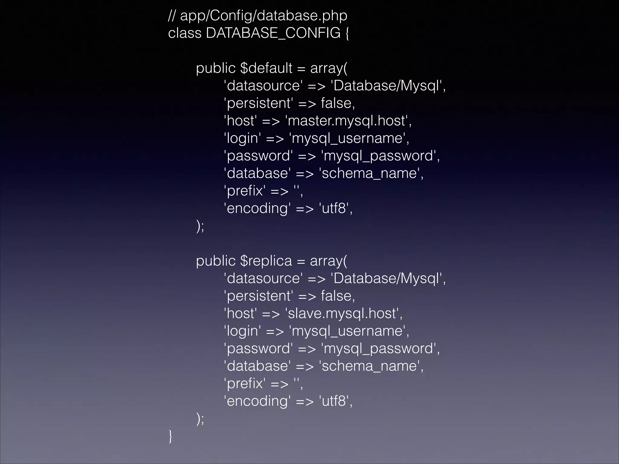 // app/Conﬁg/database.php
class DATABASE_CONFIG {
!
public $default = array(
'datasource' => 'Database/Mysql',
'persistent' => false,
'host' => 'master.mysql.host',
'login' => 'mysql_username',
'password' => 'mysql_password',
'database' => 'schema_name',
'preﬁx' => '',
'encoding' => 'utf8',
);
!
public $replica = array(
'datasource' => 'Database/Mysql',
'persistent' => false,
'host' => 'slave.mysql.host',
'login' => 'mysql_username',
'password' => 'mysql_password',
'database' => 'schema_name',
'preﬁx' => '',
'encoding' => 'utf8',
);
}

 