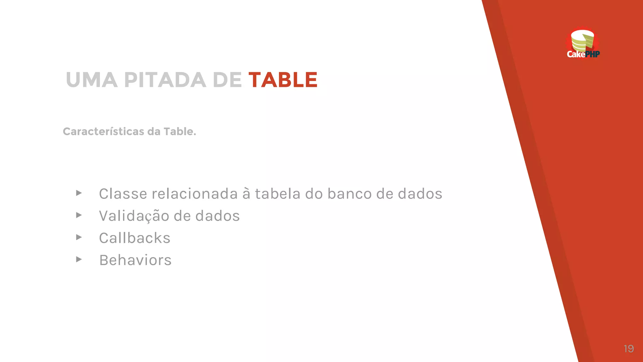 Características da Table.
UMA PITADA DE TABLE
▸ Classe relacionada à tabela do banco de dados
▸ Validação de dados
▸ Callbacks
▸ Behaviors
19
 
