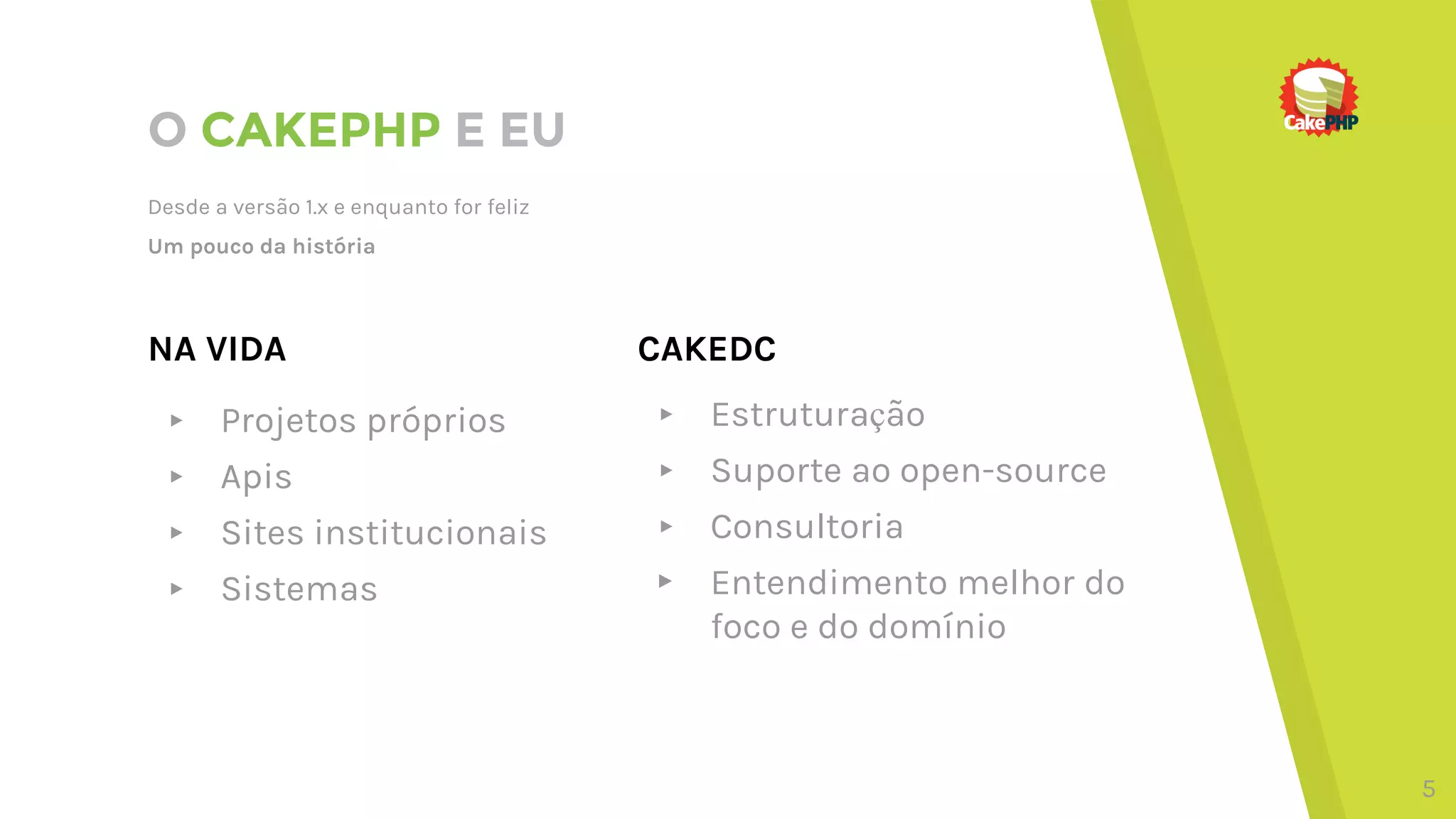 O CAKEPHP E EU
Desde a versão 1.x e enquanto for feliz
Um pouco da história
NA VIDA CAKEDC
▸ Projetos próprios
▸ Apis
▸ Sites institucionais
▸ Sistemas
▸ Estruturação
▸ Suporte ao open-source
▸ Consultoria
▸ Entendimento melhor do
foco e do domínio
5
 