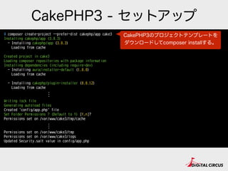 CakePHP3 - セットアップ
# composer create-project --prefer-dist cakephp/app cake3
Installing cakephp/app (3.0.3)
- Installing cakephp/app (3.0.3)
Loading from cache
Created project in cake3
Loading composer repositories with package information
Installing dependencies (including require-dev)
- Installing aura/installer-default (1.0.0)
Loading from cache
- Installing cakephp/plugin-installer (0.0.12)
Loading from cache
Writing lock file
Generating autoload files
Created `config/app.php` file
Set Folder Permissions ? (Default to Y) [Y,n]?
Permissions set on /var/www/cake3/tmp/cache
Permissions set on /var/www/cake3/tmp
Permissions set on /var/www/cake3/logs
Updated Security.salt value in config/app.php
 