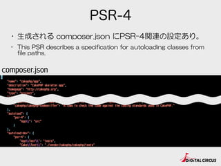 設定ファイル
CakePHP2 CakePHP3
• ./app/Config/core.php  から  ./config/app.php  に変更  
• composer  install  で  app.default.php  から生成される  
• SCMにはコミットせずに管理  
• database.phpは廃止
 