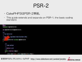 PSR-2
• CakePHP3はPSR-2準拠。  
• This  guide  extends  and  expands  on  PSR-1,  the  basic  coding  
standard.
http://www.slideshare.net/yandod/psrphp新標準PSRに学ぶきれいなPHP
 